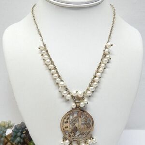 Silver Jeans Pearl Drop Necklace with Filigree Medallion - White